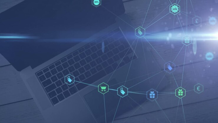Blue light trail and network of digital icons against laptop on wooden table