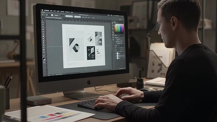 Grafisk designer arbejder på layout i professionelt studie