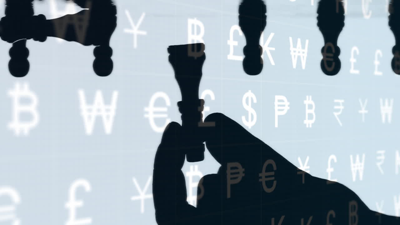 Chess being visualized on digital grid, with hands gripping pieces and floating currency symbols