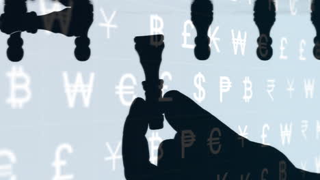chess being visualized on digital grid, with hands gripping pieces and floating currency symbols