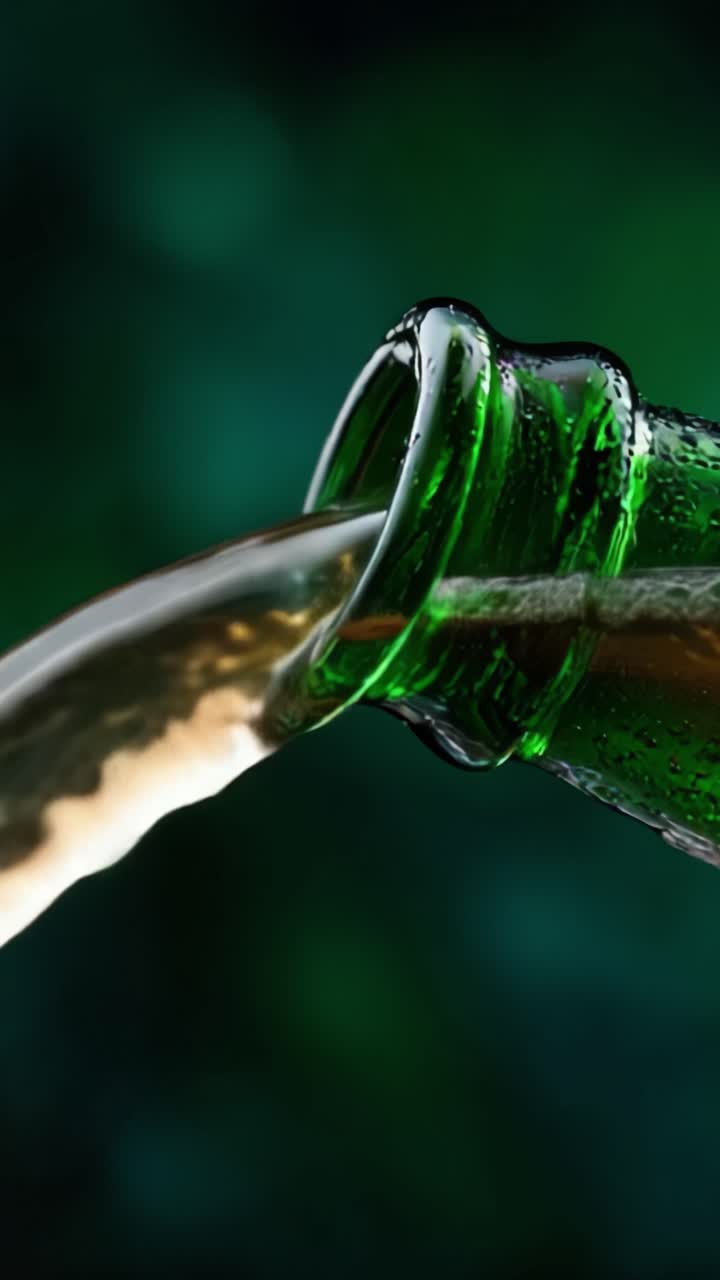 Getränk aus grüner Glasflasche mit Blasen und erfrischendem Schaum in Nahaufnahme einschenken, die Essenz von Genuss und Erfrischung einfangend