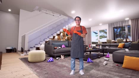 cuerpo lleno de ama de casa masculina asiática con un delantal sonriendo y señalando al lado mientras está de pie en la casa