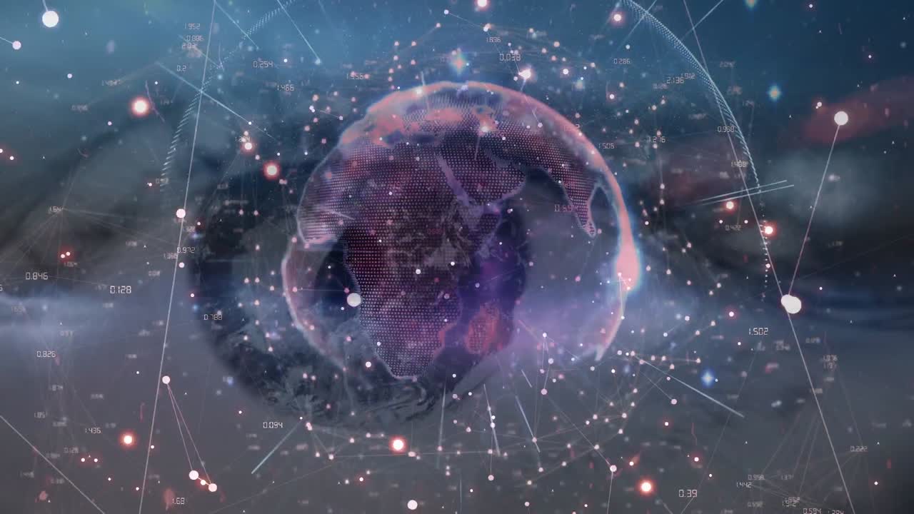 Animation of globe with connections and dots moving over woman eye