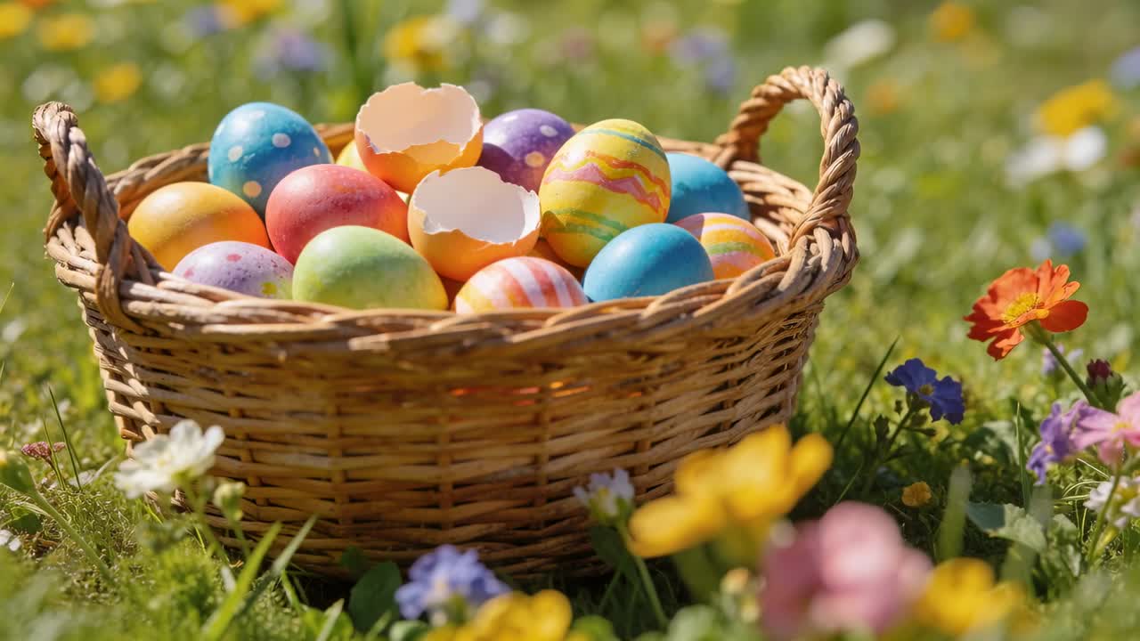 Pushing cam in, basket lowering in meadow, wind moving, painted-eggs cracked-shells to show texture