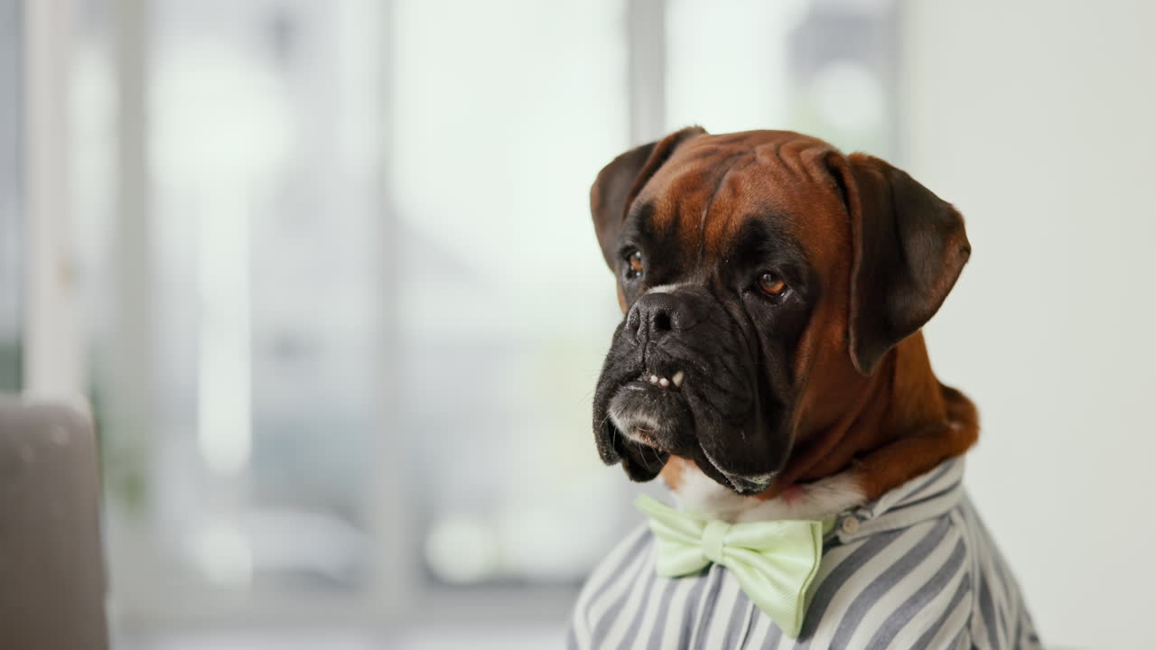 Boxer dog in shirt and bow tie