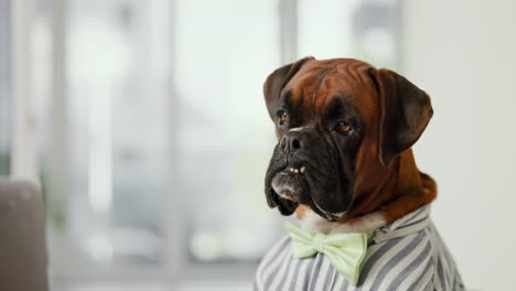 boxer dog in shirt and bow tie
