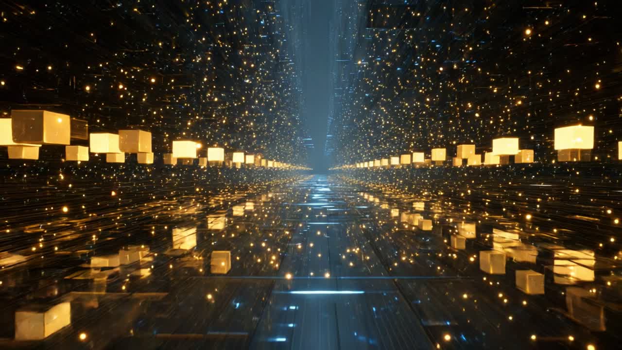 An Immersive Journey Through a Technological Realm of Shimmering Light and Geometry, Showcasing an Infinite Tunnel of Golden Cubes and Radiant Stars Amidst a Darkened Space