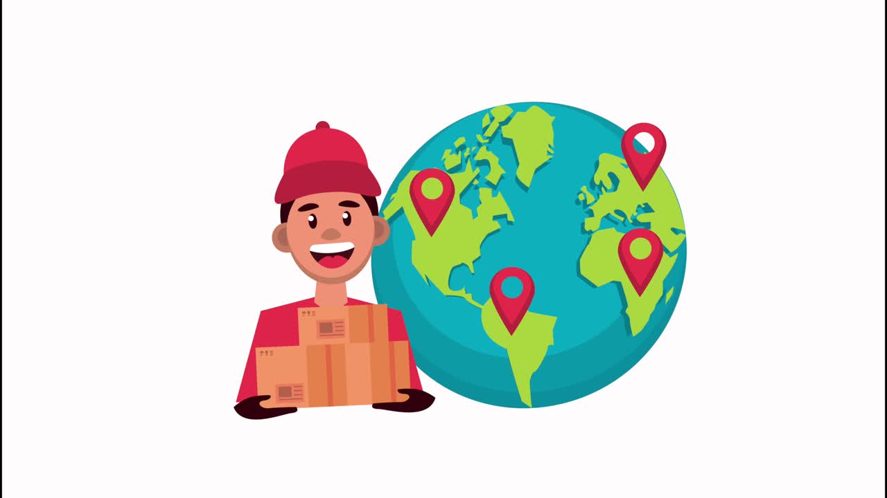 servicio logístico de entrega con el planeta tierra y la caja de elevación del trabajador