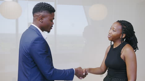 african man and woman shaking hands in a corporate setting, symbolizing collaboration, professionalism, and successful teamwork