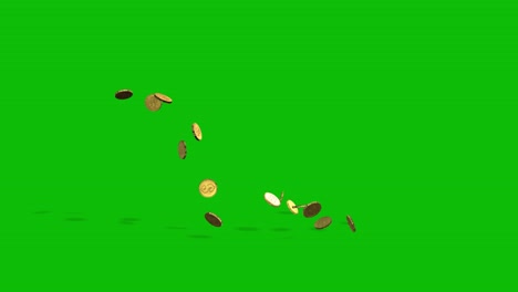 monedas de oro brillantes cayendo y rebotando en la pantalla verde animación 3d