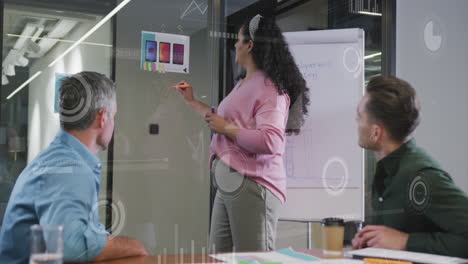 animación de gráficos, barras de carga y círculos, mujer diversa explicando el diseño del producto a sus compañeros de trabajo