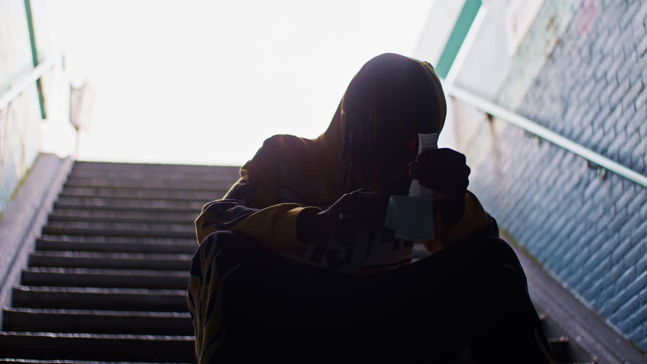Person Sitting on Stairs in Underpass, Possibly Using Drugs