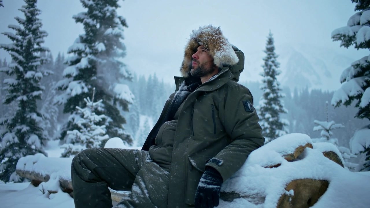Looking man in fur parka lifting chin, exhaling, watching falling snow on rock in mountain forest