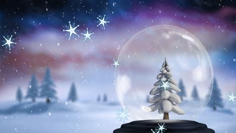 Animation-of-snow-falling-over-snow-globe-with-christmas-tree-and-winter-landscape