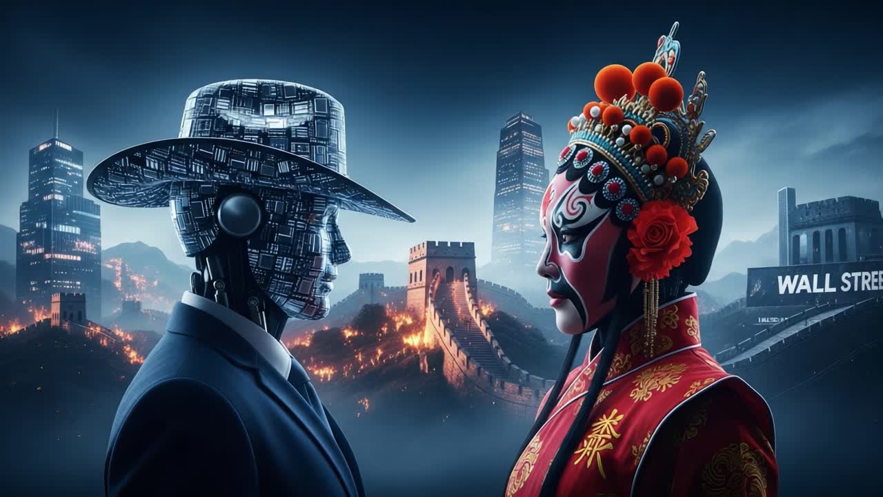 Confrontation of Cultures: A Futuristic Encounter Between Tradition and Technology on a World Stage Representing Modernity and Heritage