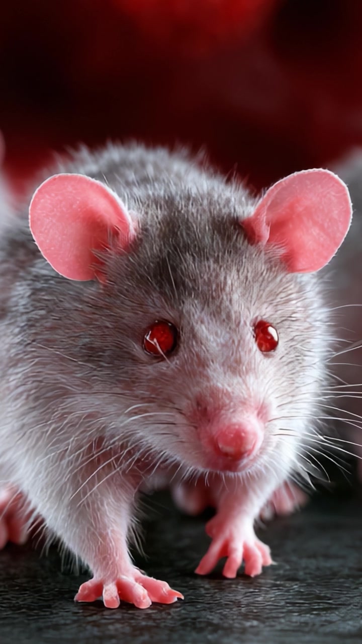 Primo piano di un adorabile topo domestico con orecchie rosa distintive e occhi rossi, che mostra dettagli raffinati in un'ambientazione accattivante.