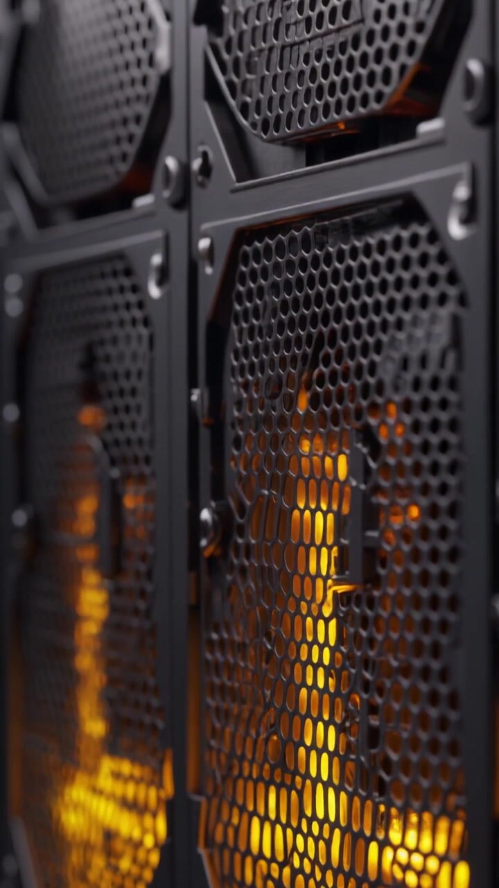 Server rack ventilation panels glowing with orange yellow light behind black metal honeycomb mesh