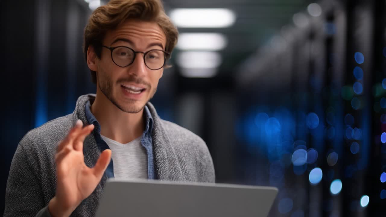 Focused individual working on a laptop in a high-tech server room, showcasing modern technology integration and personal engagement in a professional environment