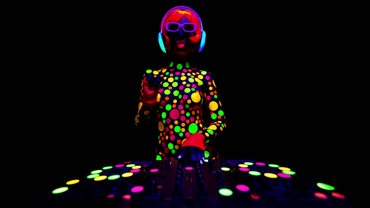 DJ feminina de discoteca com brilho coberta por manchas fluorescentes