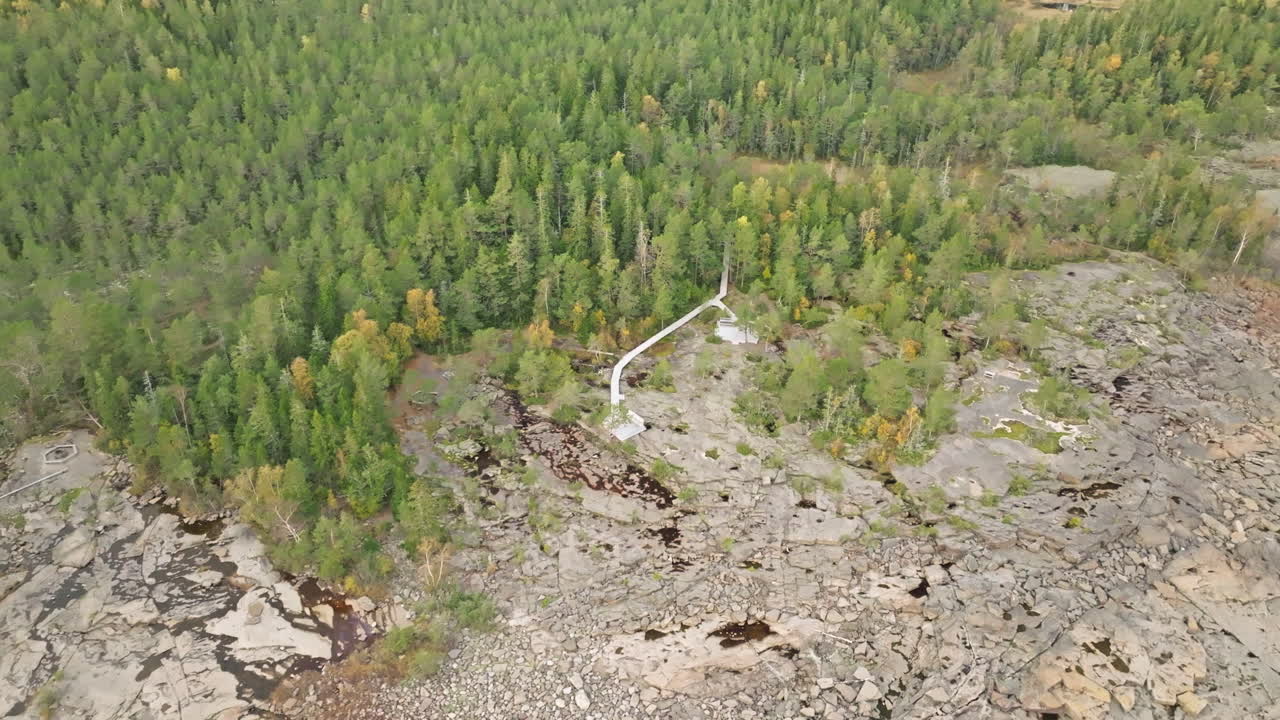 Boardwalk Through Dense Forest Towards The Rocky Shore In Sweden