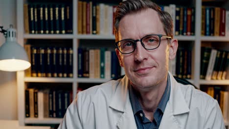 confident male doctor wearing glasses and white coat sitting in professional office, radiating expertise and compassionate care while looking directly at camera with warm, reassuring expression