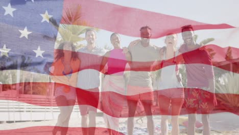 Animation-of-waving-flag-of-america-over-diverse-friends-embracing-on-sunny-beach