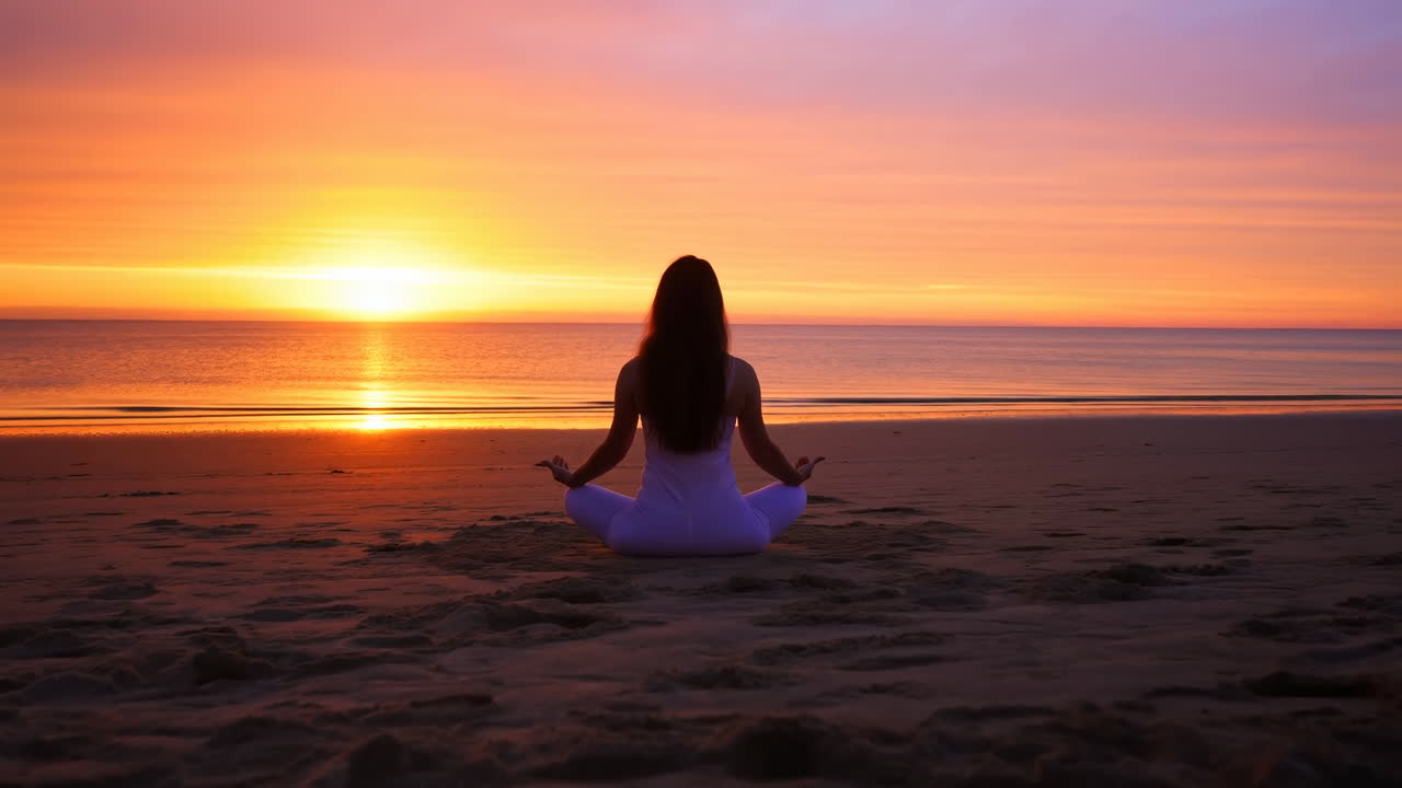 Mulher meditando na praia ao pôr do sol com vista para o oceano.