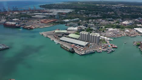 aerial view port louis on beautiful sunny day. capital of the island of mauritius. tall buildings on the indian ocean. offshore banking system