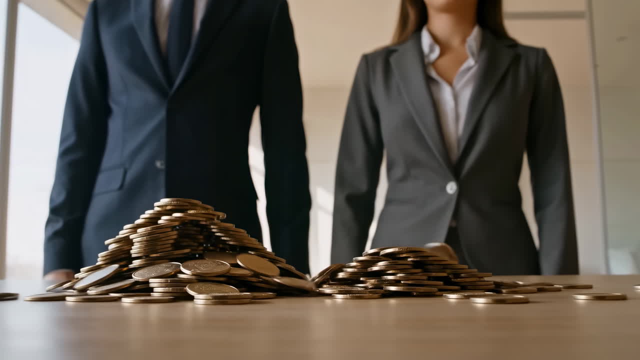 Professionisti che accumulano monete d'oro su un tavolo