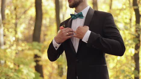 novio, joven moreno en el parque amarillo de otoño. día de la boda. hombre de negocios