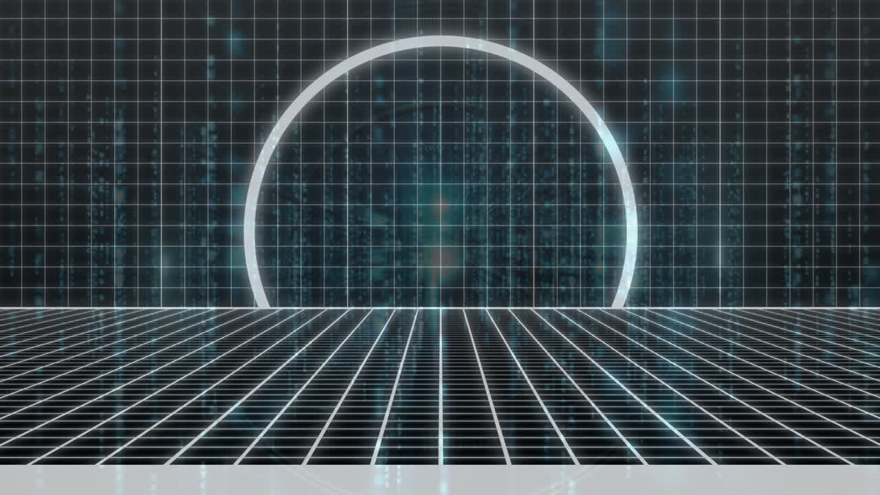 어두운 배경 위에 반이는 네온 기하학적 모양과 풍경의 애니메이션