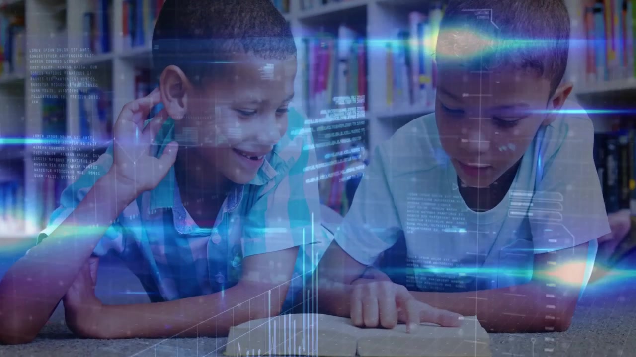 Boy reading book and launching learning graphics overlay while friend smiling watching for learning