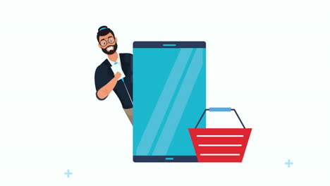 hombre de negocios con teléfono inteligente y cesta de compras
