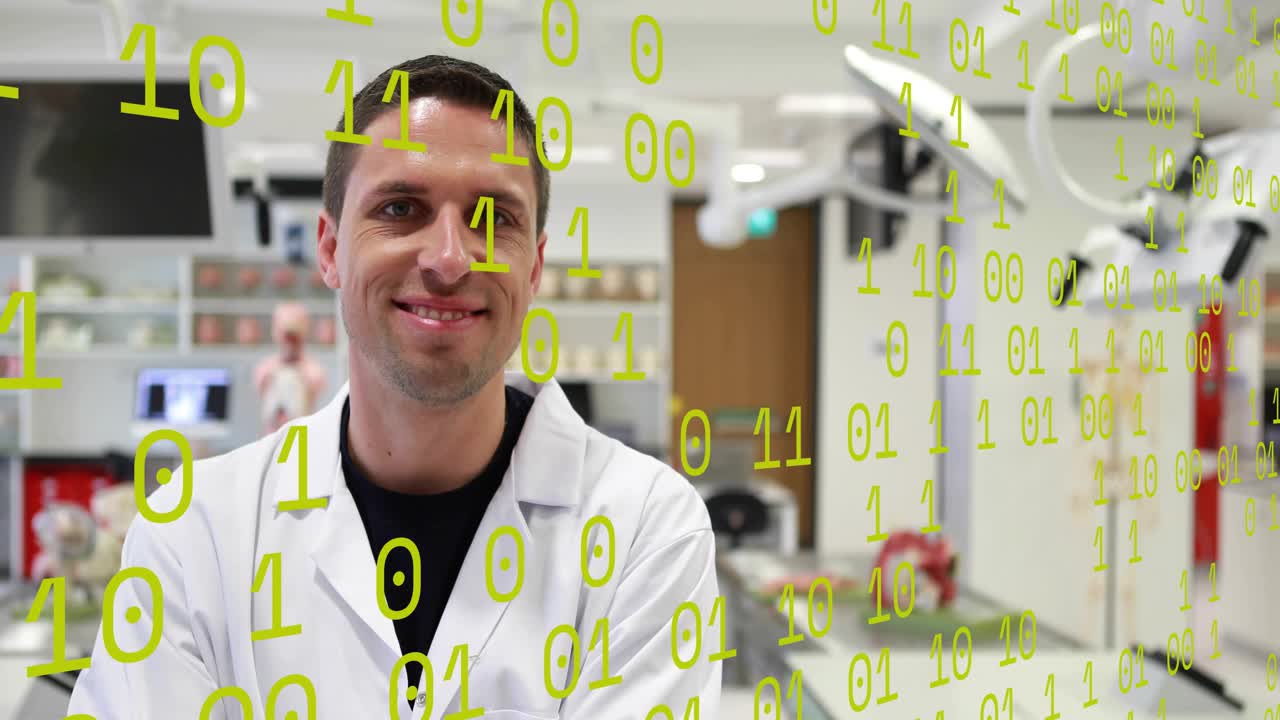 Binary digits overlay appearing over clinician in lab coat turning, smiling, presenting data