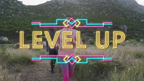 Animation-of-the-words-level-up-in-yellow-neon-over-couple-exercising-running-in-countryside