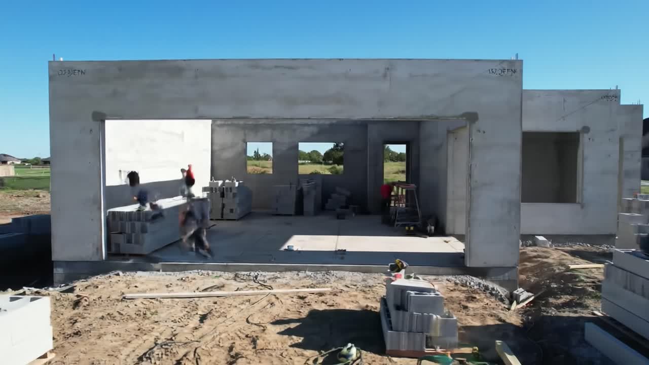 Workers are actively constructing a concrete house, arranging blocks and preparing for the next stages of the building process.