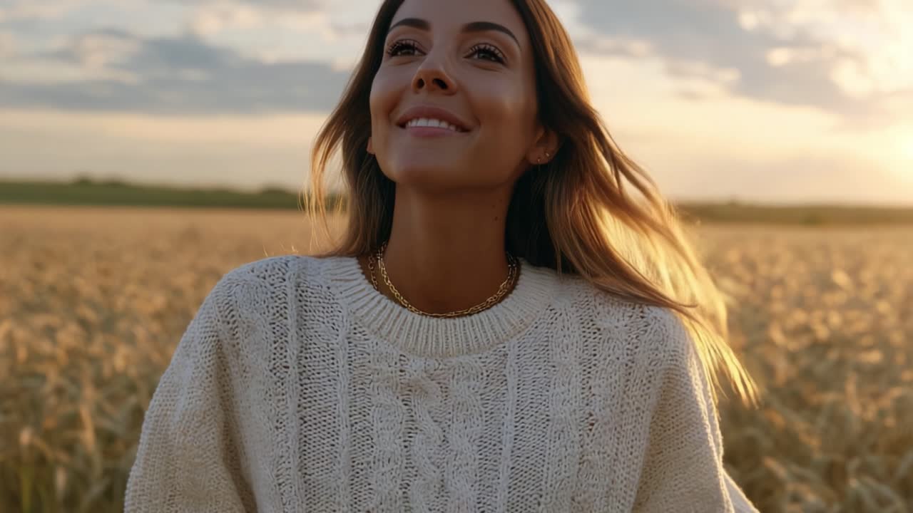 A Joyful Moment: Embracing the Beauty of Nature While Wearing a Cozy Sweater in a Golden Wheat Field During a Stunning Sunset