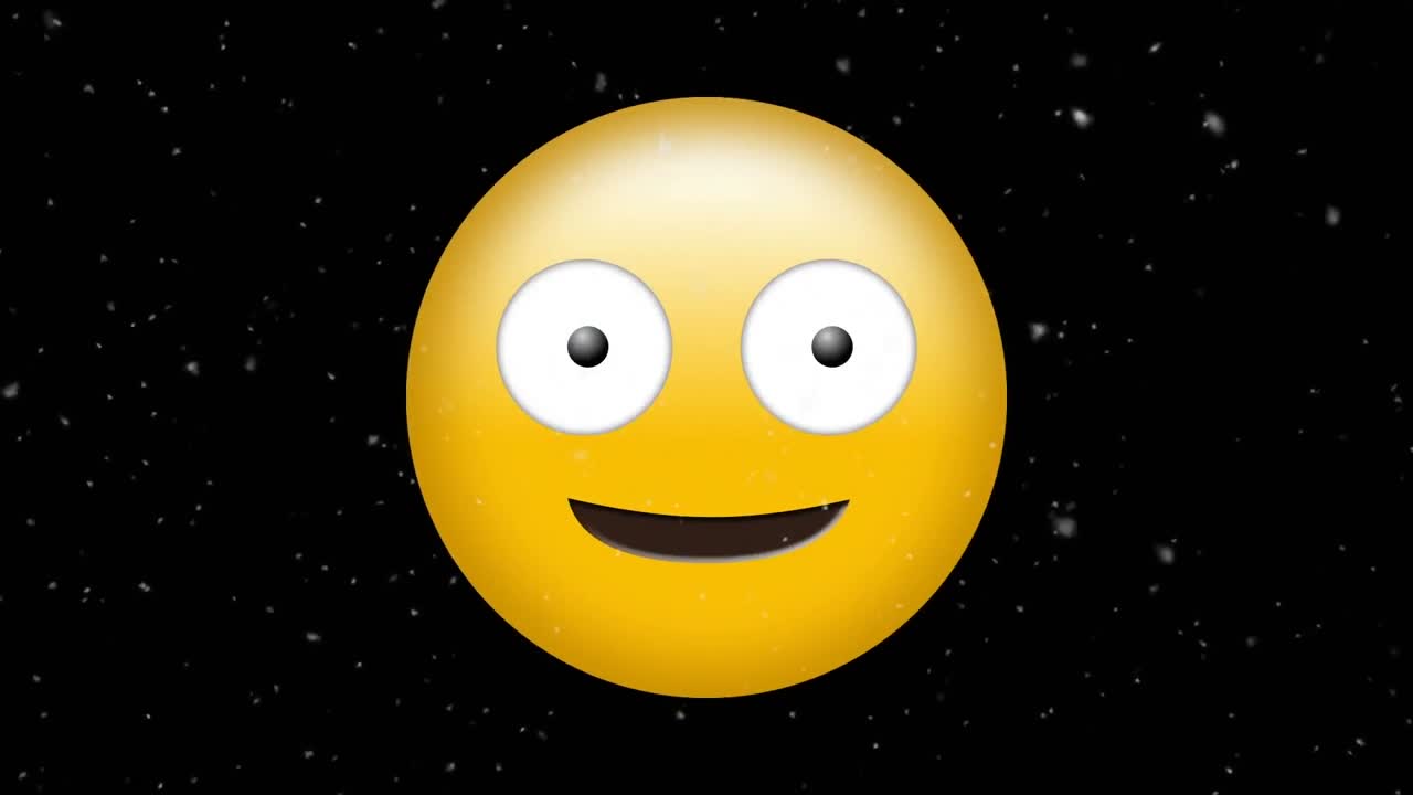 animación digital de un emoji de cara tonta contra múltiples partículas blancas flotando en un fondo negro
