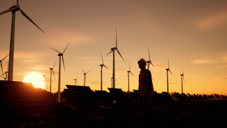 ingeniero en una granja eólica y solar al atardecer
