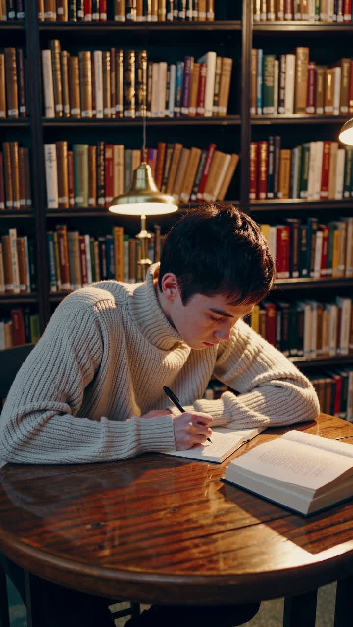A cozy library scene with a young man writing in a book. Warm lighting and a side angle