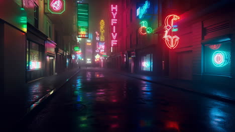 neon lit city street at night