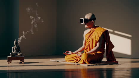 el monje medita con auriculares vr