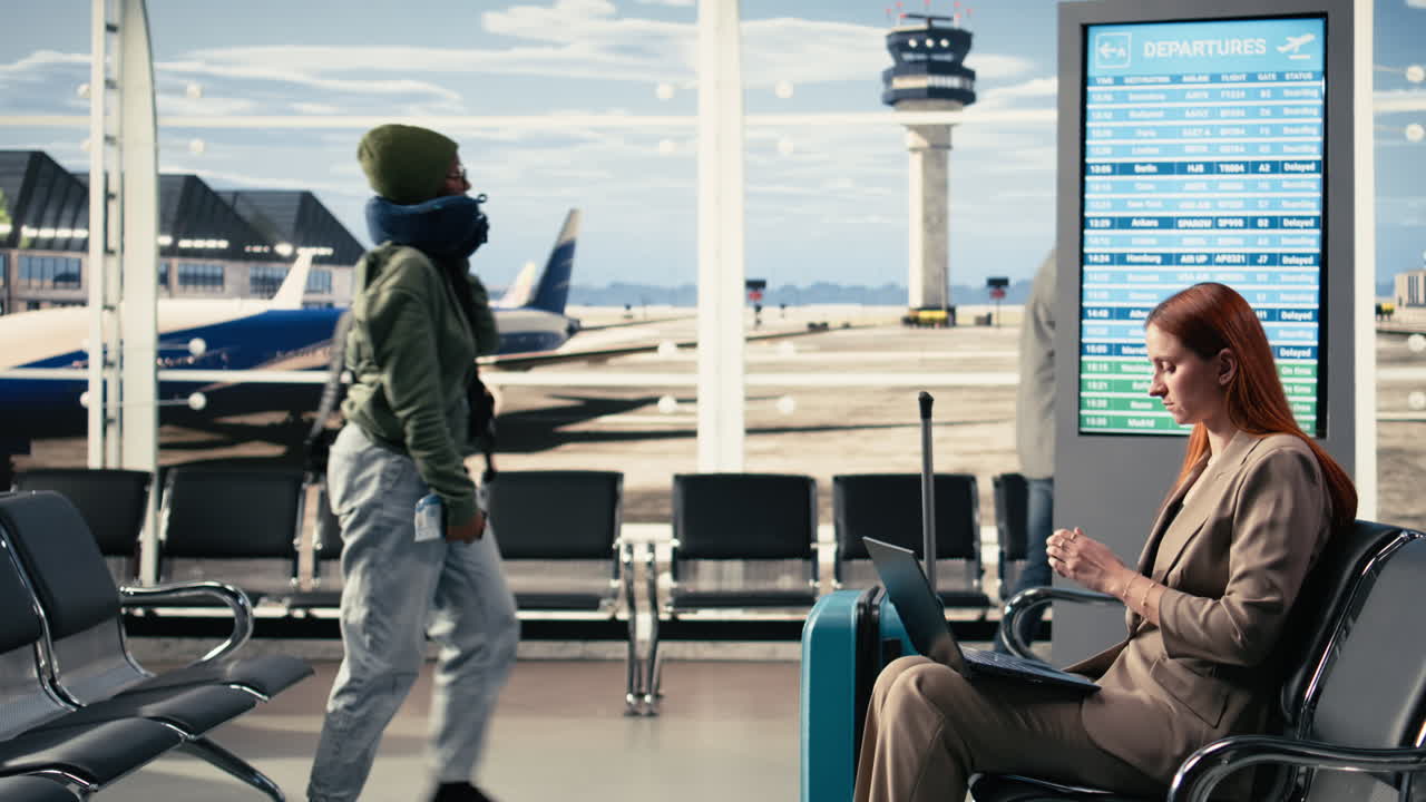 Donna in viaggio d'affari che controlla le email sul laptop in un angolo della lounge aeroportuale.