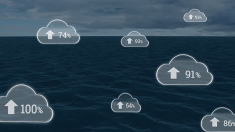 animación de flechas hacia arriba y números cambiantes en las nubes sobre el mar contra el cielo nublado