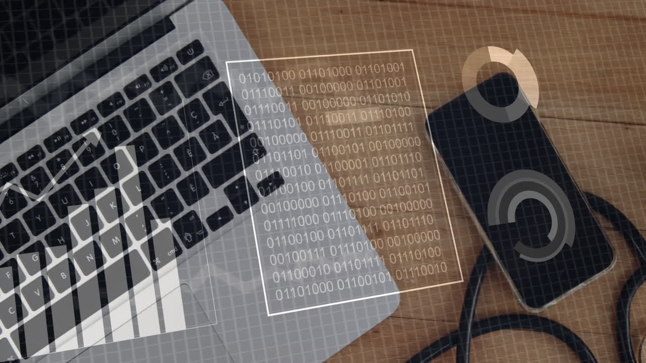 animación del procesamiento de datos financieros en el escritorio con dispositivos electrónicos