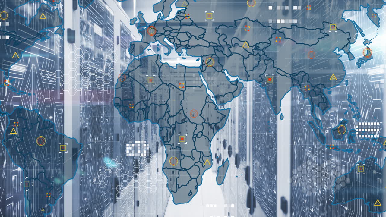 컴퓨터 서버 에 대한 세계 지도 및 마이크로 프로세서 연결의 애니메이션