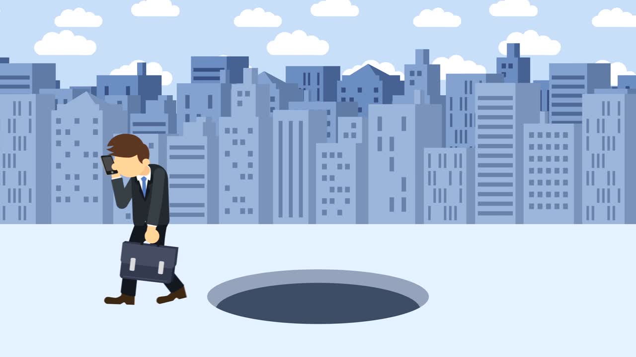 Business man jump over the hole. Background of buildings. Risk concept. Loop illustration in flat style.