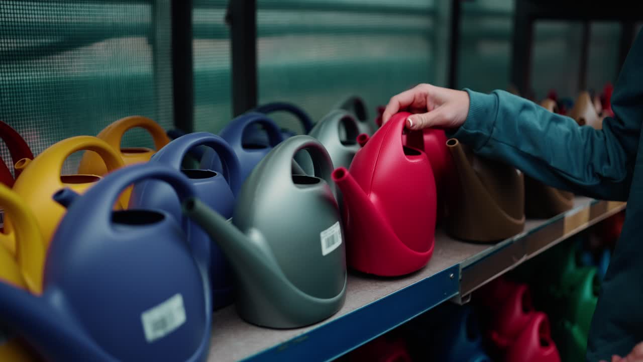 정원 가게 에서, 여성 이 플라스틱 관개 용기 를 선택 하고 있다