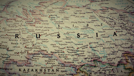 a close-up view of a political map displaying russia, kazakhstan, and mongolia