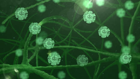 animation of multiple covid 19 cells flickering with network of neurons on green background